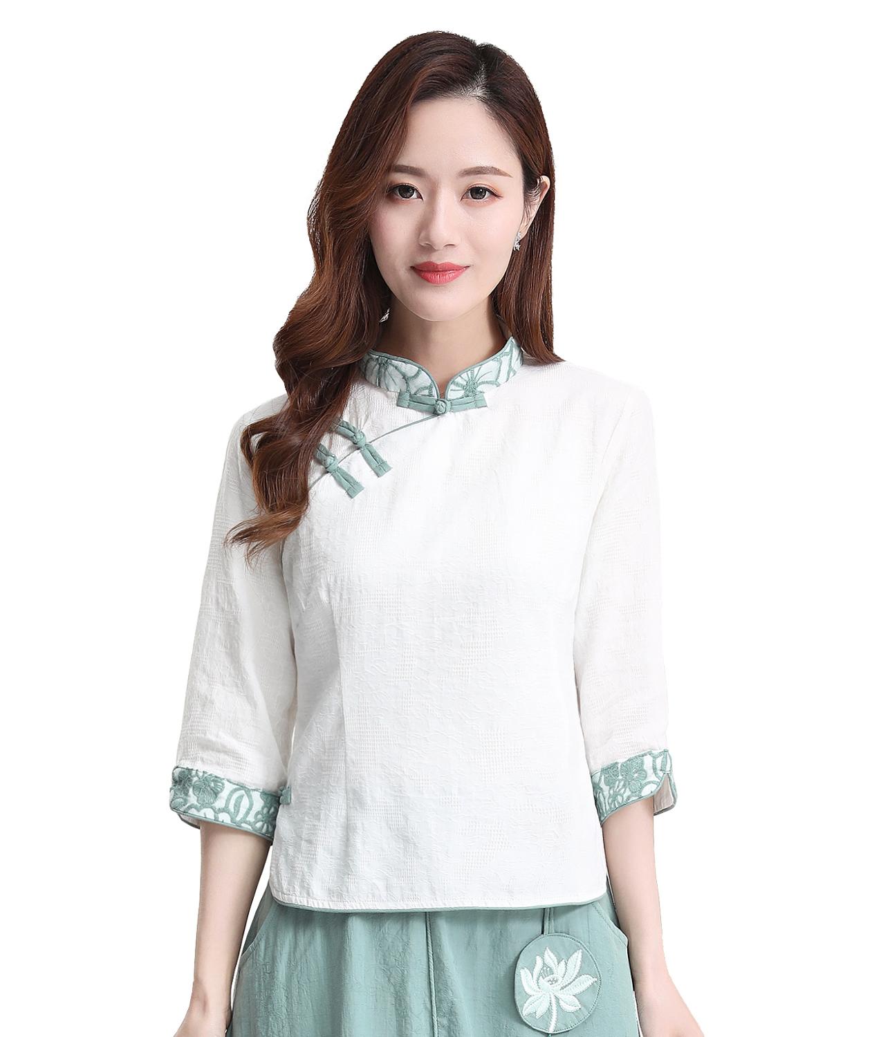Shanghai Geschichte 3/4 Hülse chinesische Traditionelle Kleidung der Frauen Chinesischen oben Mischung Leinen Bluse Chinesischen Weiß Qipao Hemd