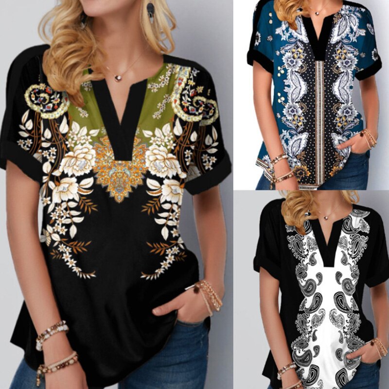 2022 Summer Street Hipster V-neck Personality Print Patchwork Short Sleeve Loose Casual T-shirt Top Women Oversized Tee