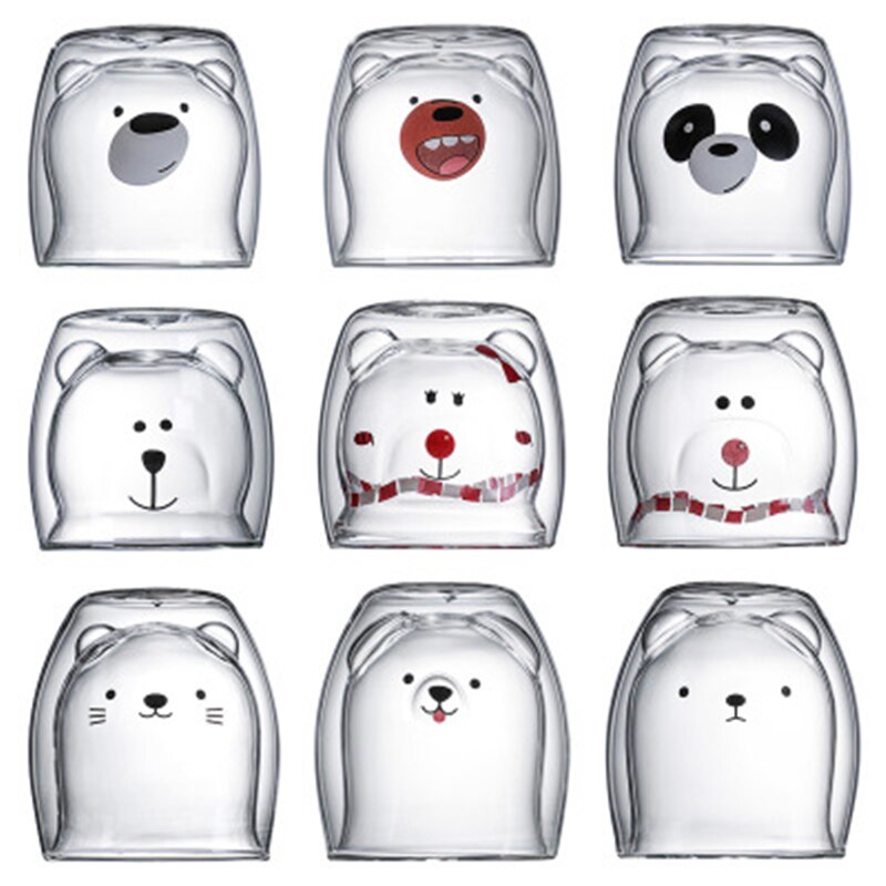 Prevent Scald Cartoon Lovely Double Glass Milk Coffee Cup Kids Party Drinkware Glass Round Mouth Cute Beer Mugs Bear Tea Cups