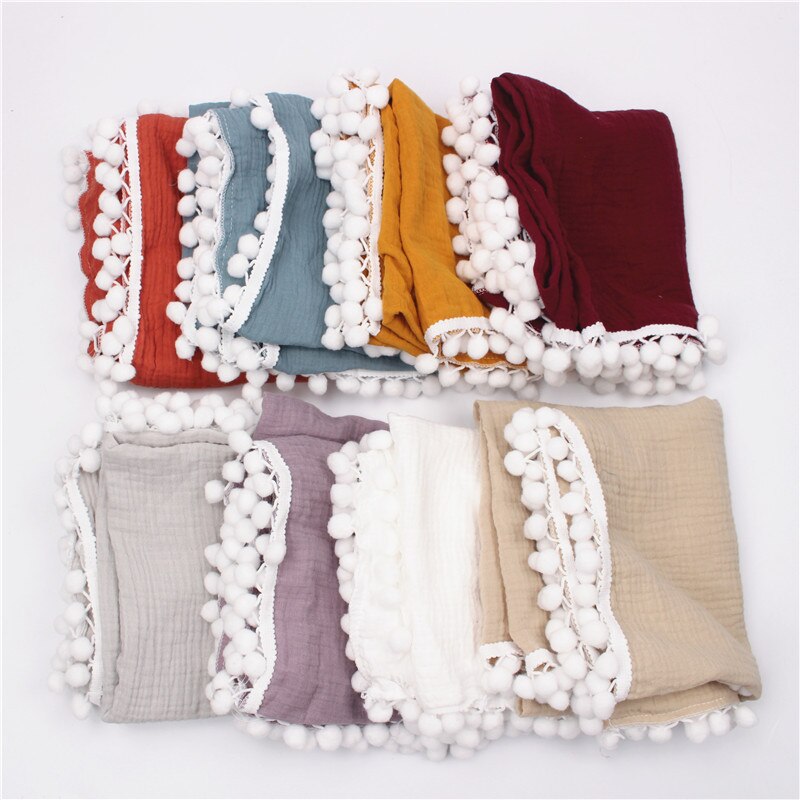 Mousseline Baby Inbakeren Deken Met Pom Poms Katoen Gaas Inbakeren Wrap Voor Baby &#39;S Pasgeborenen Ontvangen Dekens Baby Douche
