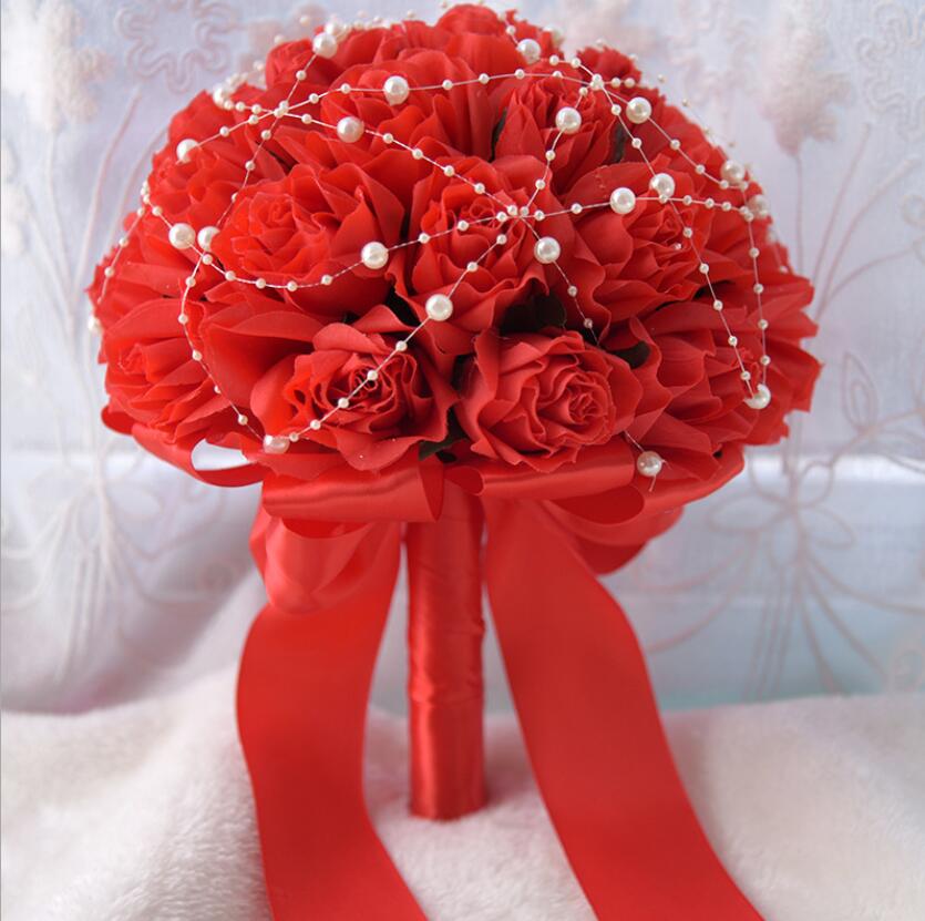 Rose Wedding Bouquets Handmade Bridal Flower Wedding Party Wedding Accessories Flowers Pears beaded with Ribbon S127: Red