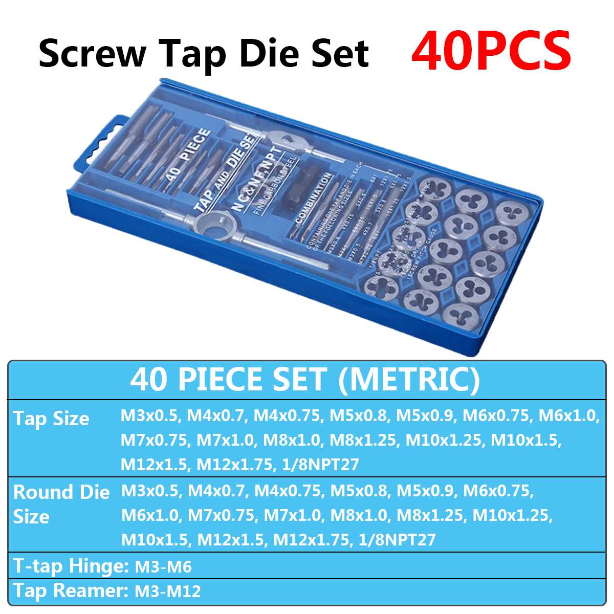 M3-M12/M6-M12 Tap and Die Set 20pcs/40pcs Screw Thread Plug Taps Wrench Die Alloy Steel Hand Tapping Tools Screw Tap Die: 40pcs