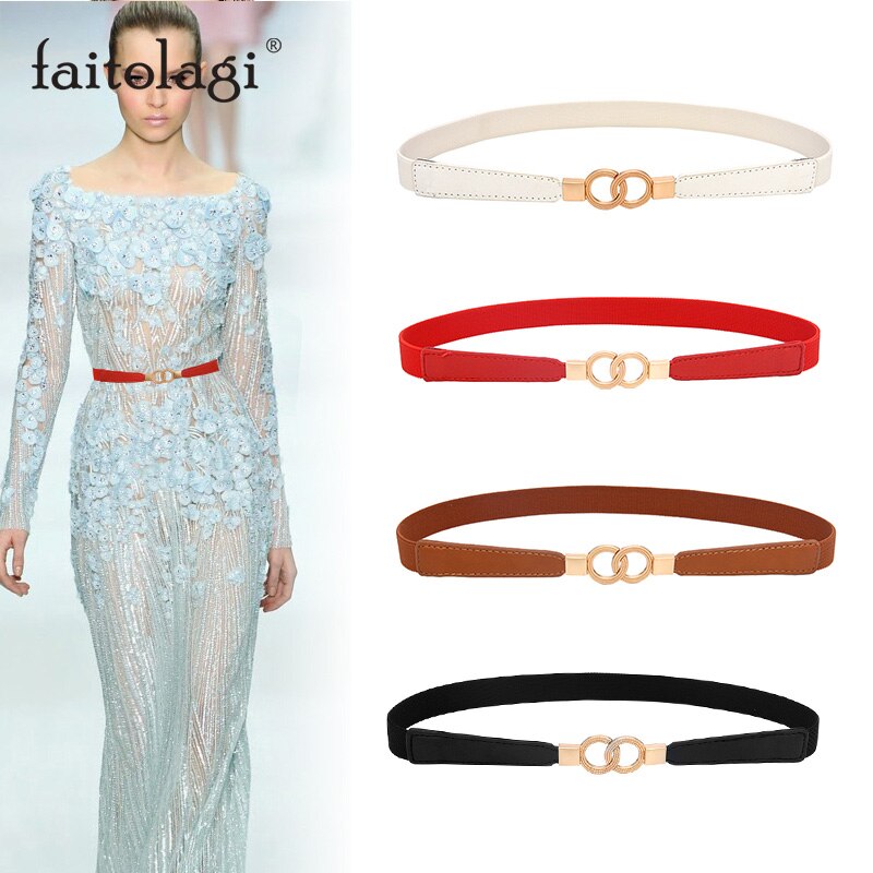 Dobbel ring gull spenne belte for kvinner elastisk nylon dame kjole midje belte stropp svart rød skinny stretch kvinnelig linning