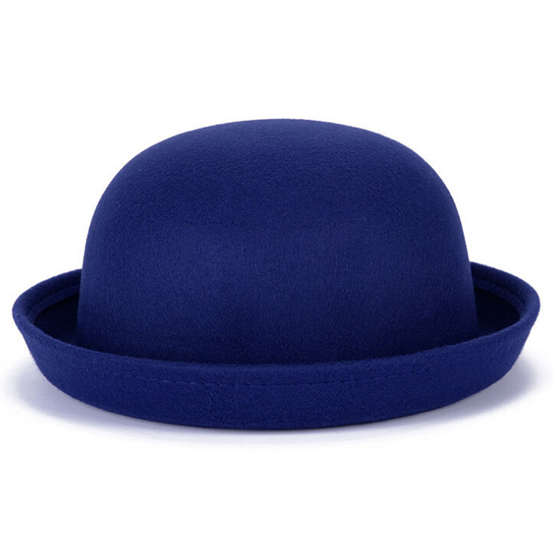 Fall Winter Women Girls Fedoras Hat British Vintage Wool Felt Hats Chapeau Top Church Cap Black Red Solid Bowler Caps: royal blue