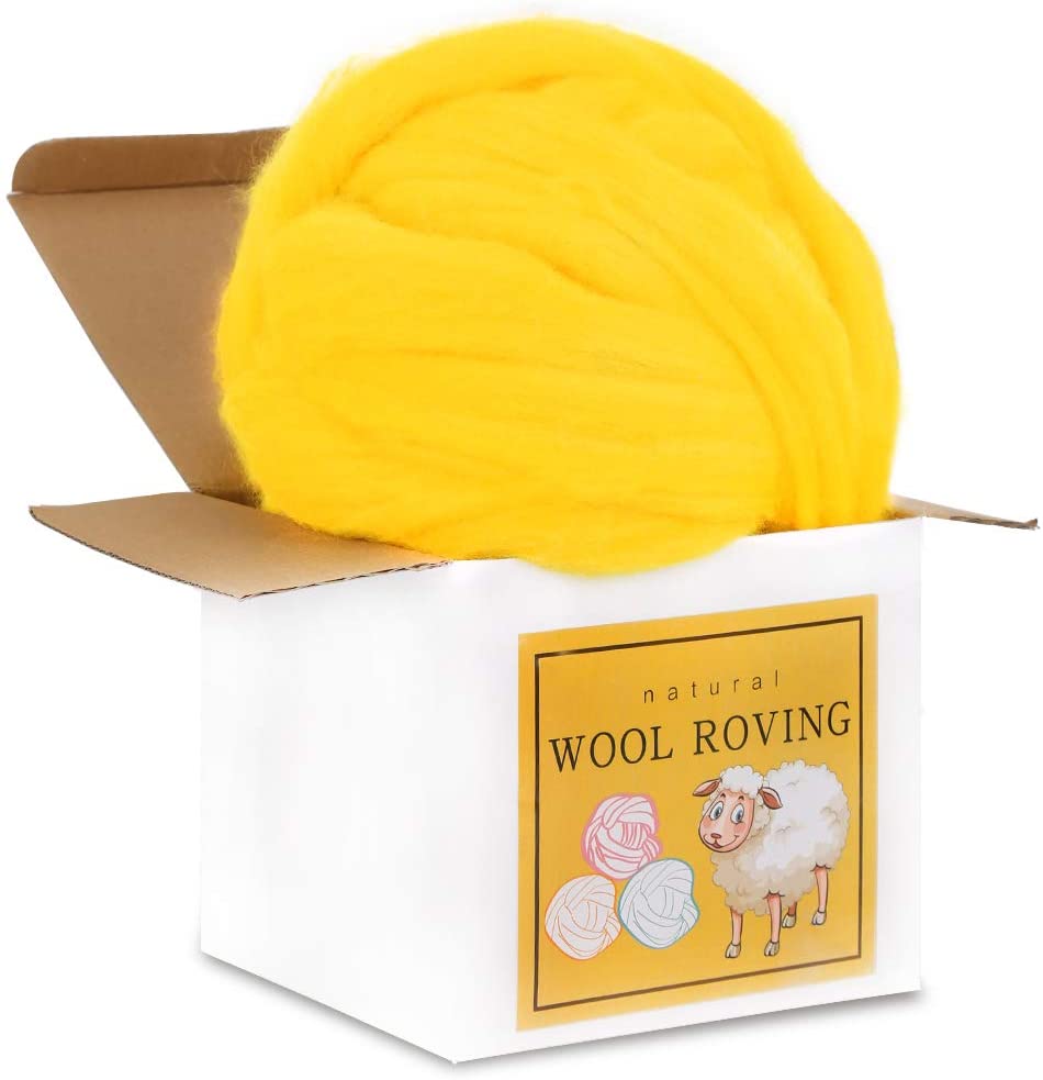 Imzay Wool Roving Bulk - Yellow 8.82oz Super Wool Chunky Yarn, Wool Roving Top For Hand Spinning, Felting, Weaving And DIY Craft