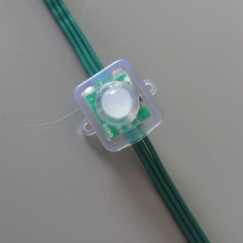 Square type all GREEN wire(20AWG) addressable DC5V 12mm through hole WS2811 led smart pixel node,IP68 rated;50pcs per strand