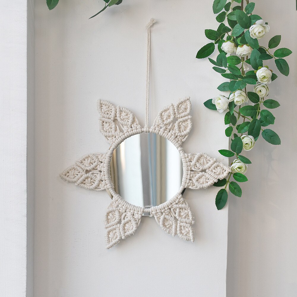 Miroir mural rond en macramé, tissé à la main, style Boho, décoration de maison, chambre à coucher, décoration de salon: s25-flower