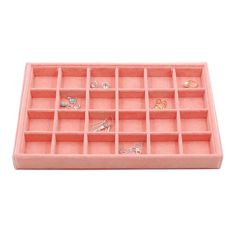 Mode Roze Fluwelen Sieraden Display Lade Ring Oorbel Lade Armband Ketting Hangers Display Organizer Sieraden Opbergvak: 24 Grids Tray