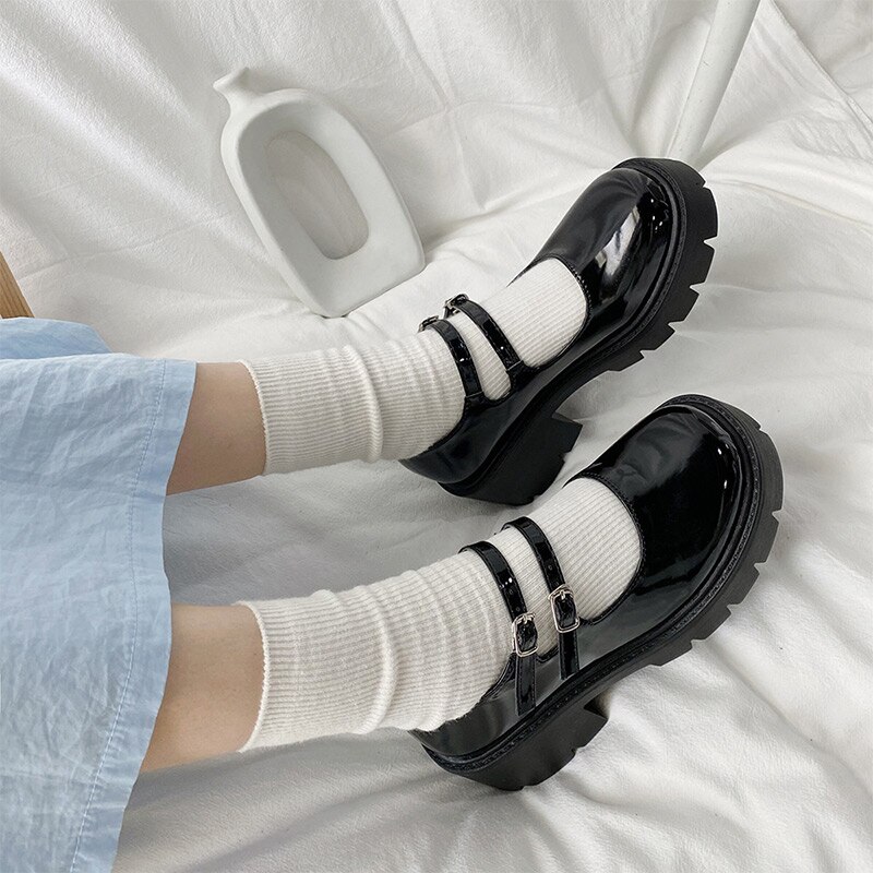 Women Pump Ladies Mid Heel Patent Leather High Heel Shoes Female Platform Shoes Woman Mujer Waterproof Buckle