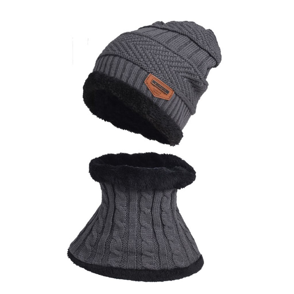 Heren Winter Hat Cap Kraag Set Winddicht Plus Fluwelen Dikke Gebreide Hoed Effen En Uitlaat Mannen Warme Muts Sjaal set Motorkap Femme Hiver: Grijs