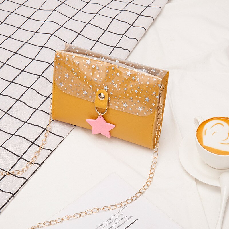 Koreaanse stijl dames schoudertas met sterhanger, slingbag met pailletten, mini-tas, handtassen en avondtassen: Geel