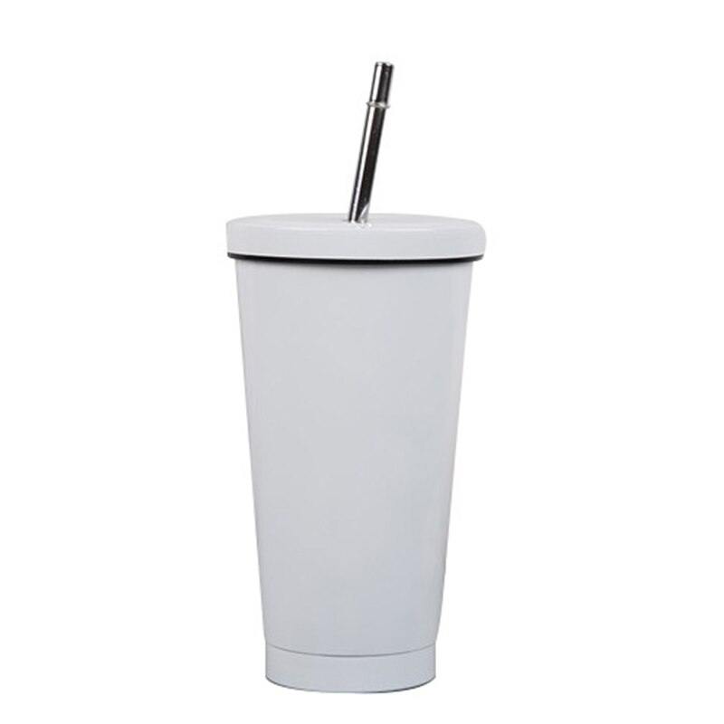 500ml kaffekrus i rustfrit stål isoleret krus med låg drikkehalm rejse kop vakuumkolbe metal kop tumbler øl krus te kop: Hvid 500ml