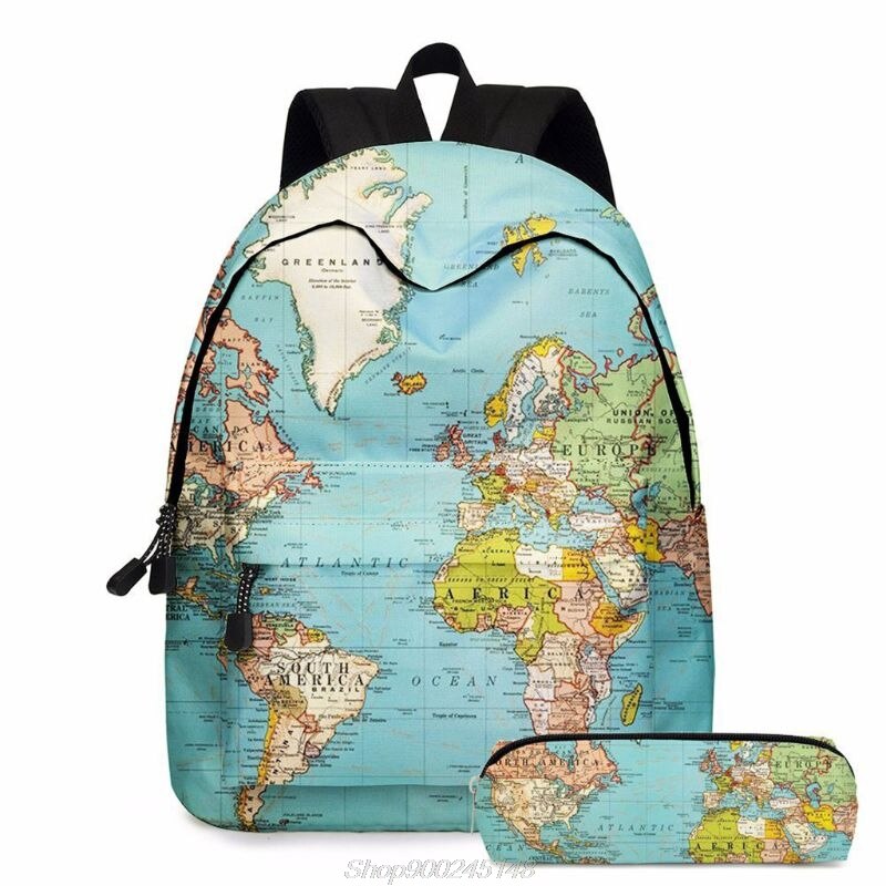 2pcs World Map Printing Backpack Girls Bookbag Laptop Bag Travel Daypack Student Rucksack with Pencil Case S19 20 Dropshpping: 3TT903893-BL
