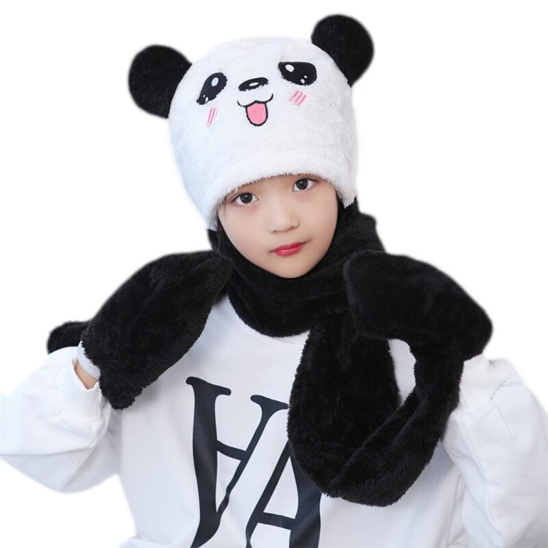 Peuter kinderen baby winter 3 in 1 muts lange sjaal handschoenen set panda dierenoren dikke pluizige pluche hoodie oorklep muts nekwarmer: F / S