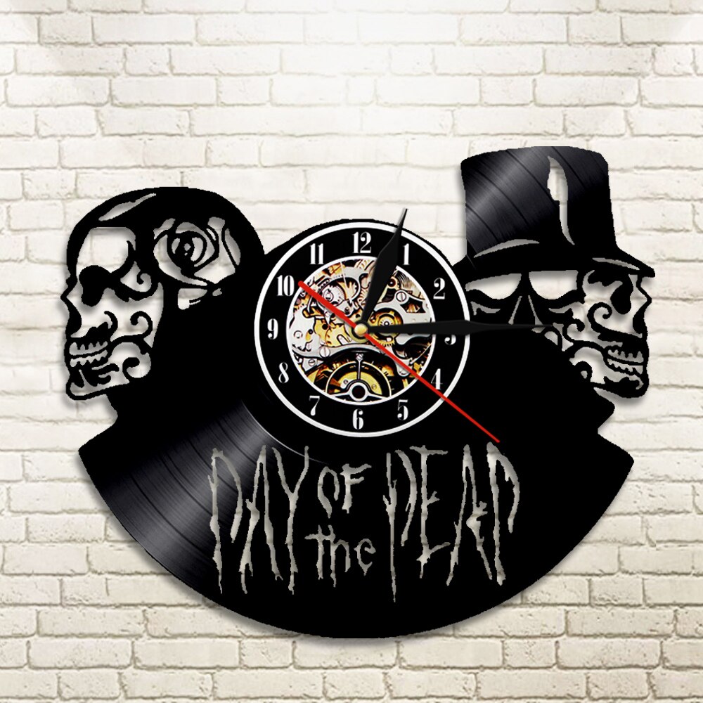 Dia De Muertos Day of the Dead Wall Clock Skulls Vinyl Record Wall Clock Halloween Death Skeletons 3D Hanging Watch Horror Decor