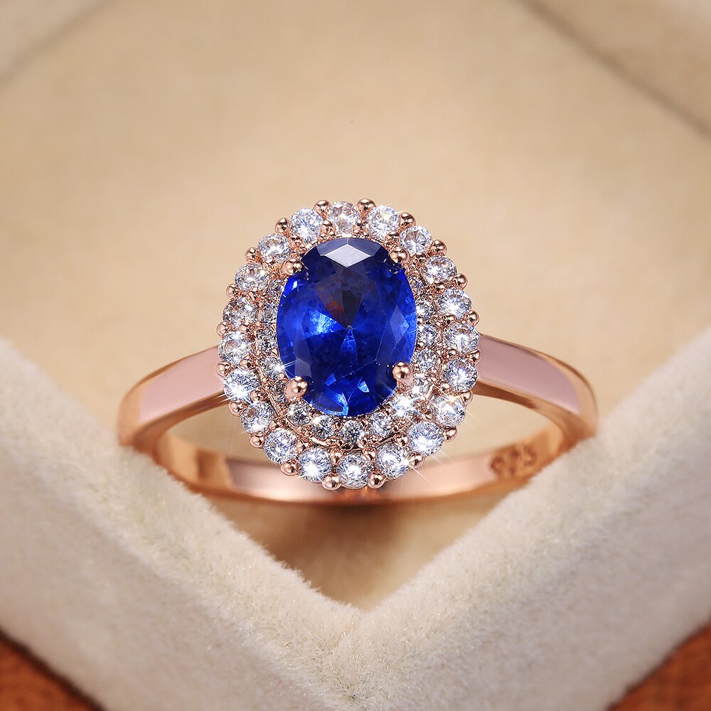 Huitan Oval Deep Blue Stone Women Wedding Bridal Rings Rose gold Color Gorgeous Engage Ring Mother’s Noble Jewelry