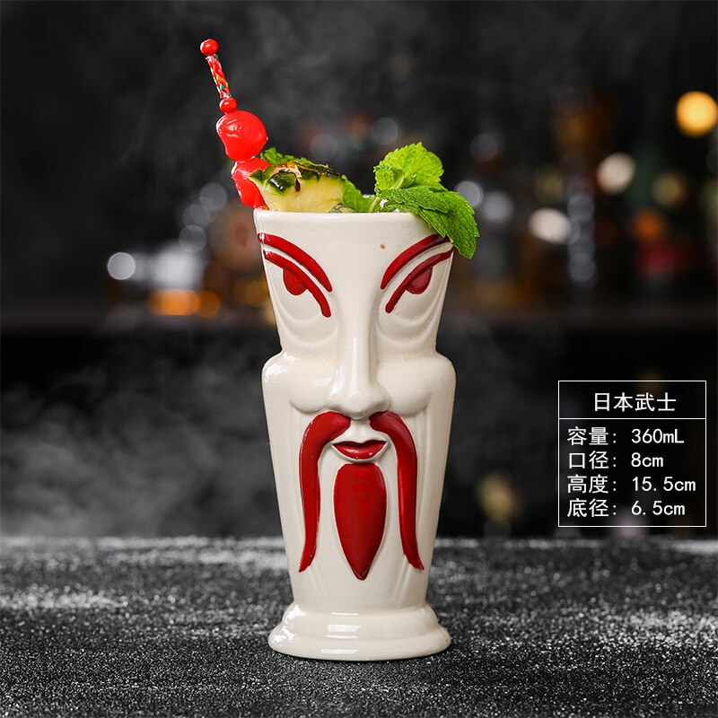 Copa de cóctel TIKI con forma de cráneo, recipiente de cerámica con estatua de Dios del Bar Hollywood, mezclador divertido de bebidas frías, vaso de vino artesanal: Samurai