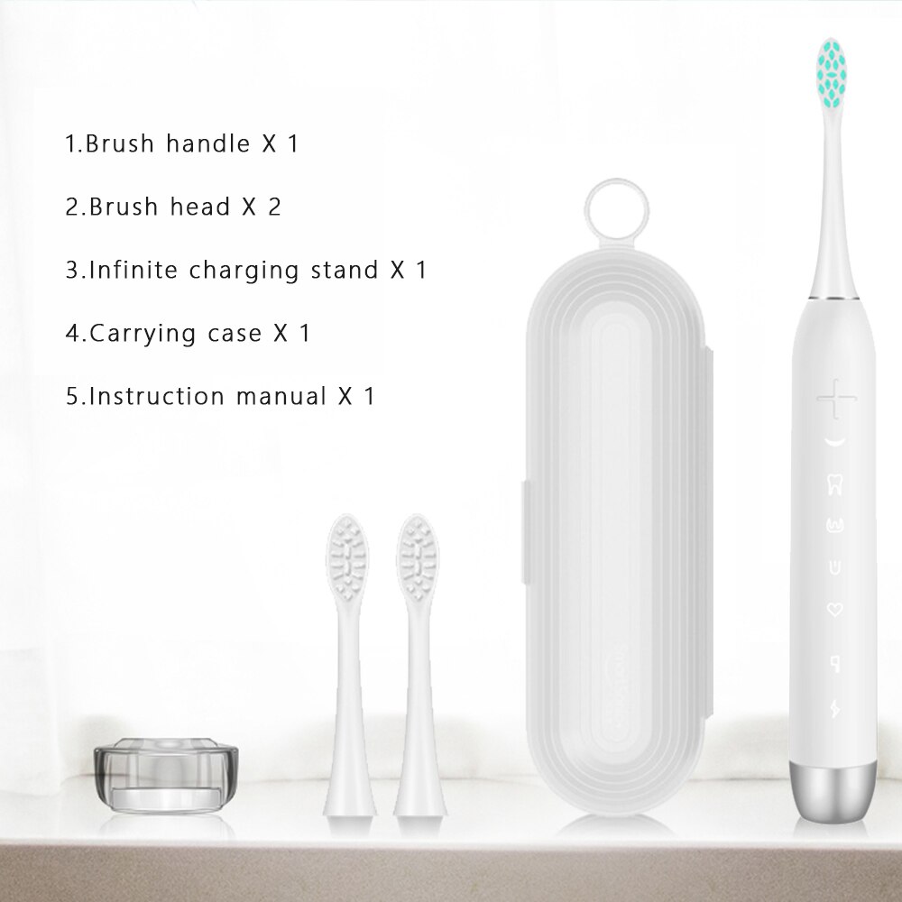 SmartSonic Waterproof Sonic Electric Toothbrush USB Rechargeable Tooth Brush Ultrasonic Toothbrush with 2 Brush Heads