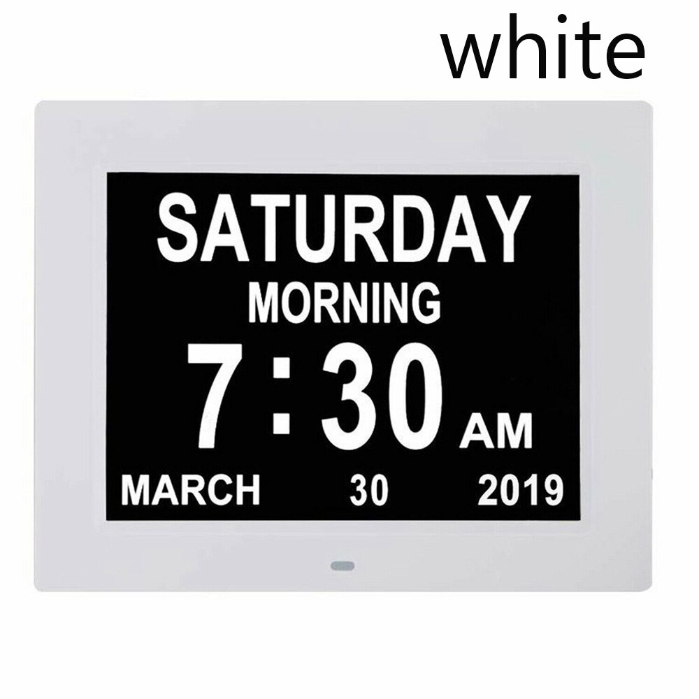 Ledet stort tidsur med digitalt vægur tidskalender dag uge måned årskalender natlys til hjemmestue: Hvid