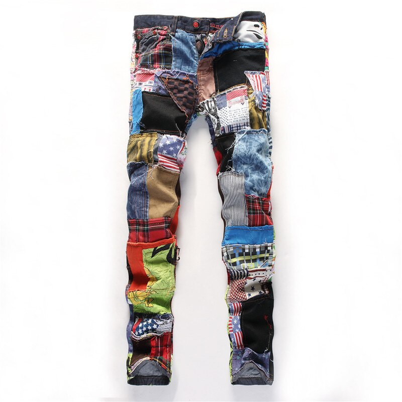 Farverige splejsede jeans mænd denim buksemærke slim fit jeans casual show denim joggers macacao masculino jeans: 36
