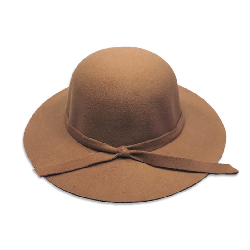 Meisje Herfst Lente Fedora Hoed Vintage Wolvilt Brede Rand Hoeden Kids Strik Floppy Zon Strand Cap: camel