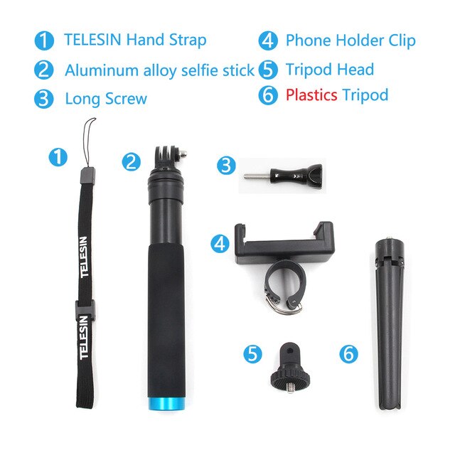 Telesin 6 in 1 udvidelig aluminiumslegering selfie stick + aftagelig stativmonteret telefonholder til gopro sjcam xiaomi yi kameraer: Gammel model