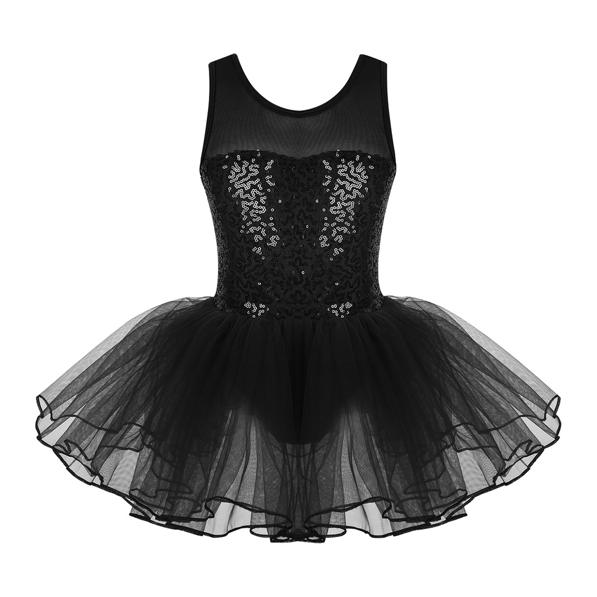Paillettes enfants filles ballerine Dancewear sans manches maille extensible épissure Ballet danse Tulle gymnastique justaucorps maille Tutu robe: Black / 10