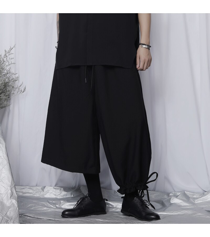 Originale afslappede bukser herre trendy personlighed yamamoto vind mørk asymmetrisk længde løse brede ben cropped bukser