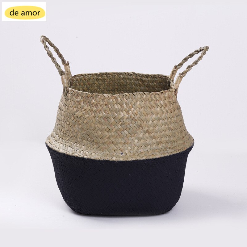 Storage Basket Wicker Planter Flower Baskets Laundry Storage Decorative Basket Pot Rattan Flower Planters Household OrganizerM18: Black Bottom