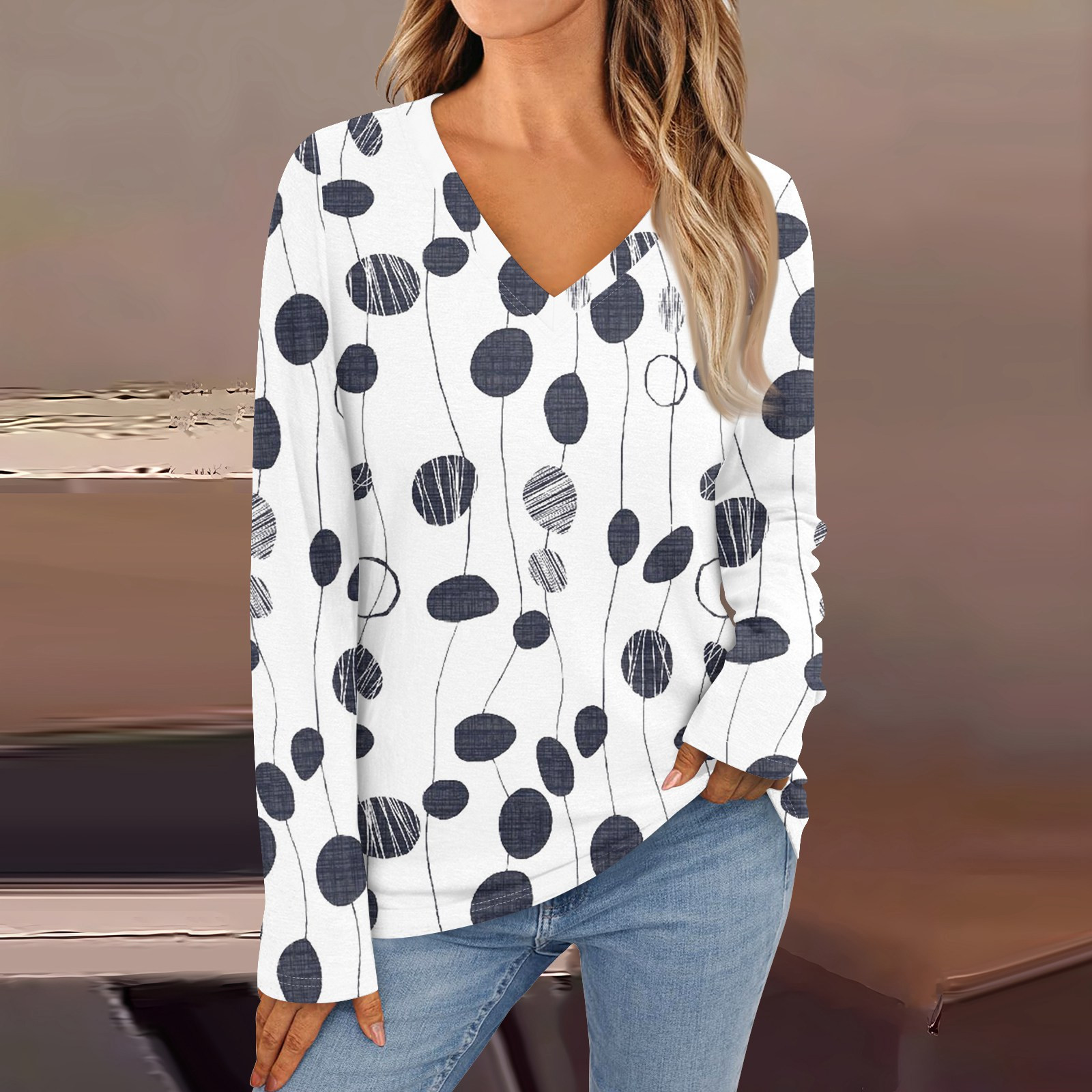 Women Floral Printed T-shirts Casual V Neck Full Long Sleeve Shirts Tops Ladies Basic Kniited Tee Shirts Ladies Top: XL / Light Purple