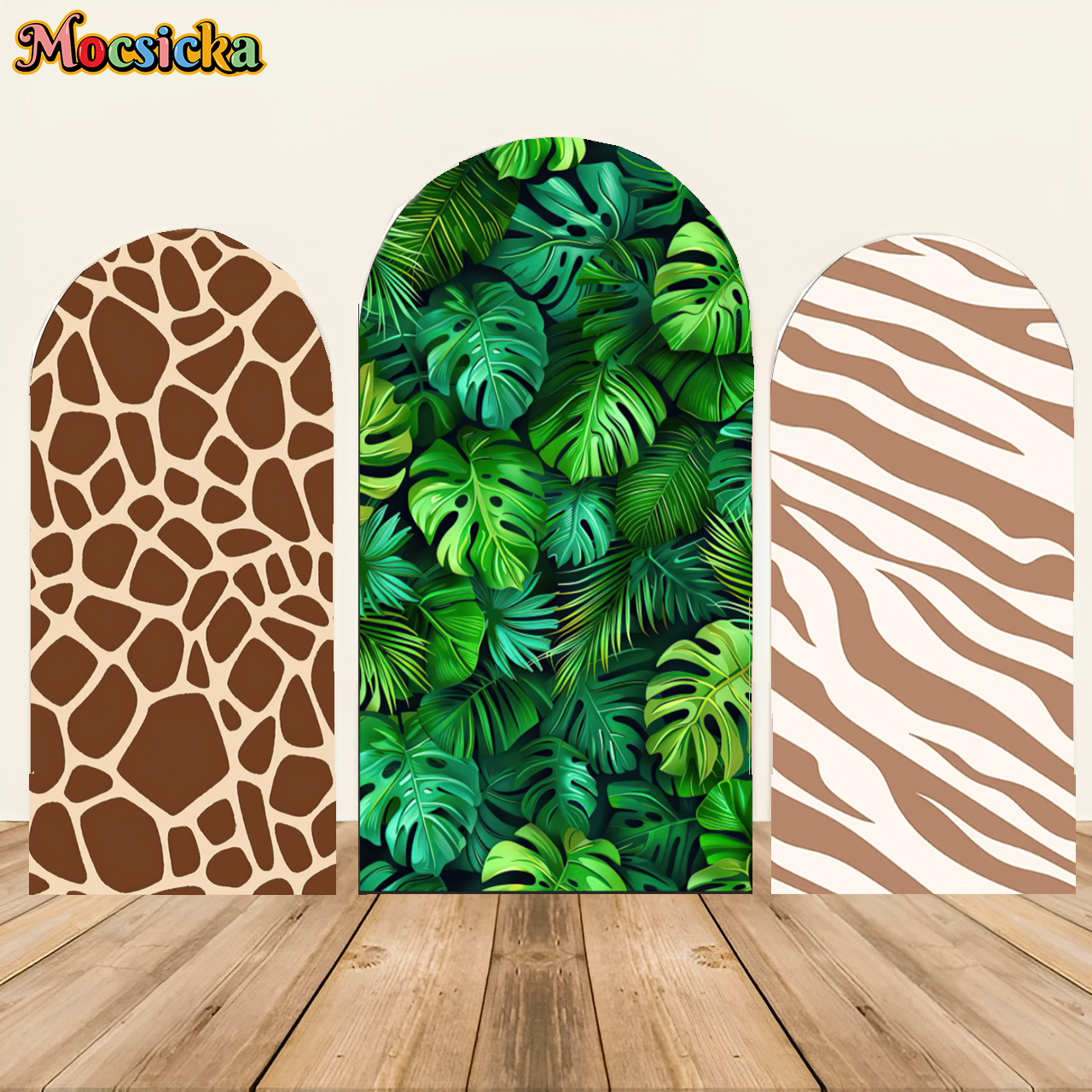 Mochicka selvagem um arco pano de fundo capa animais textura leopardo girafa zebra padrão selva safari folhas aniversário chá de bebê