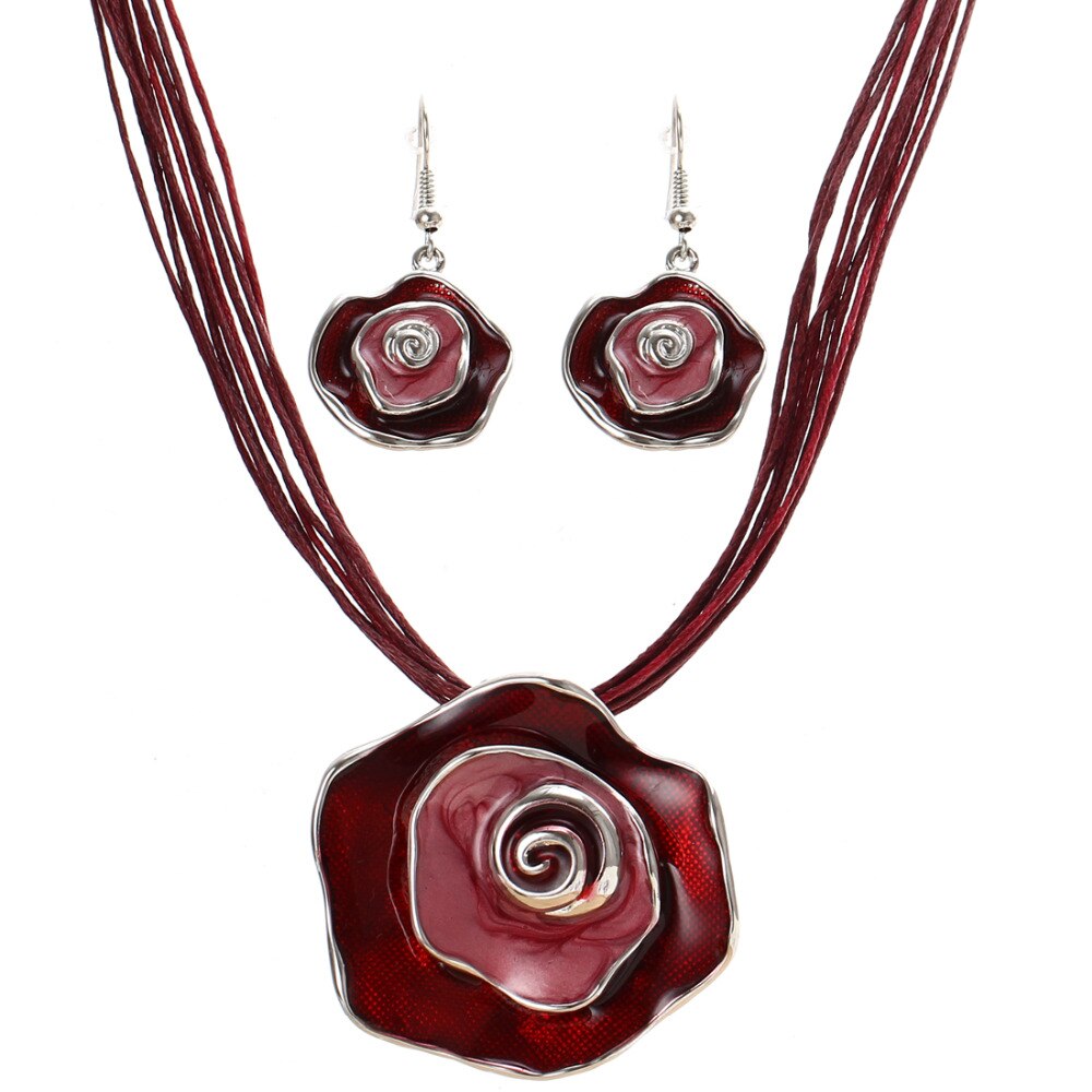 Zoshi Sieraden Sets Enamel Bloem Hanger Multilayer Leather Rope Set Ketting Oorbellen Set Voor Vrouwen