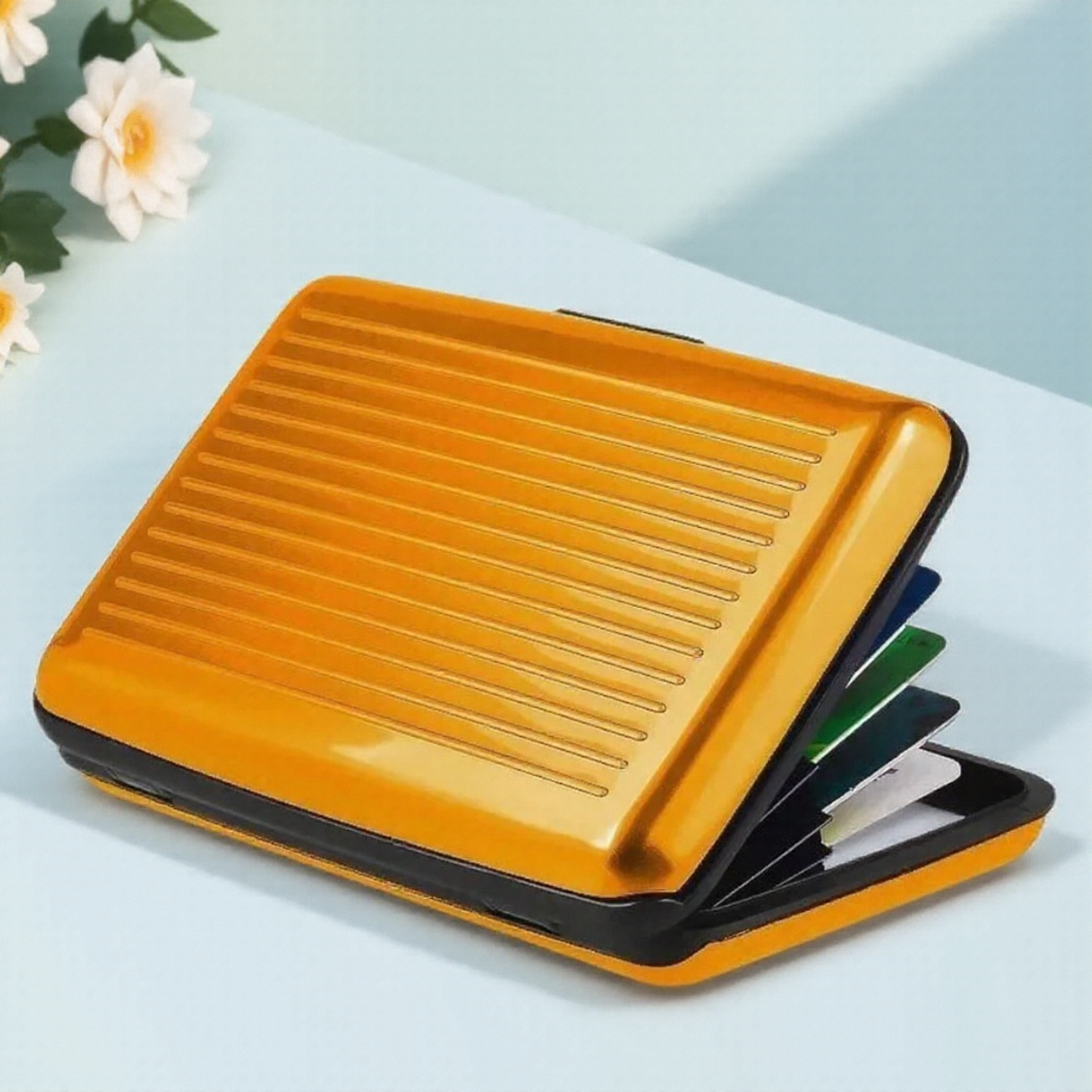 Tarjetero de aluminio con bloqueo RFID para hombre, billetera de Metal antiescaneo, funda rígida delgada, Protector de tarjetas para hombre,: Oro