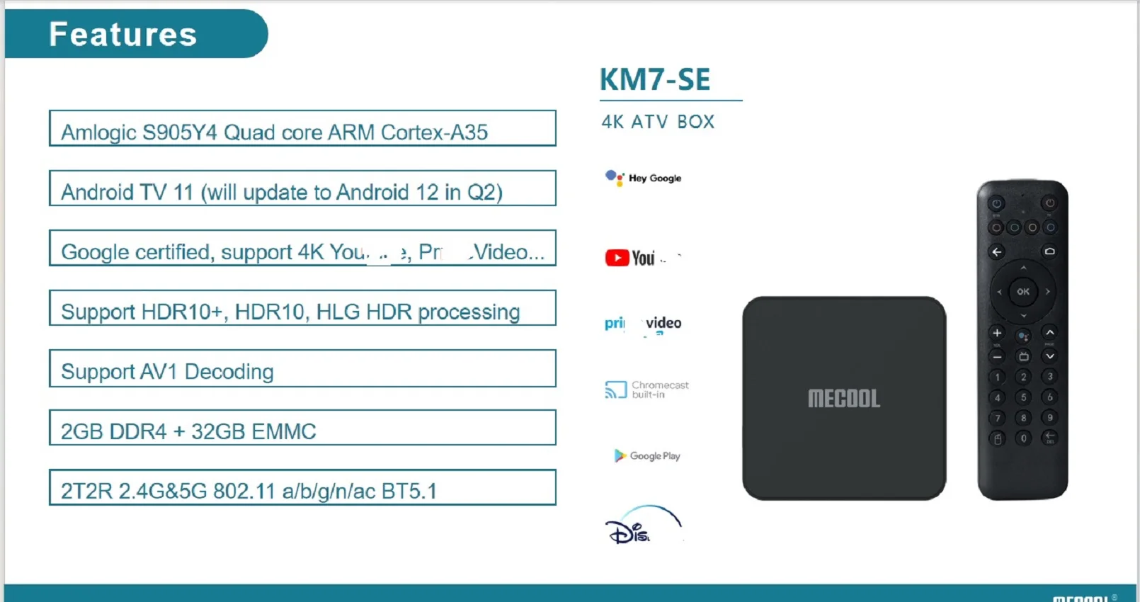 MECOOL KM7 SE 2G+32G Amlogic S905Y4 BT5.1 2.4G&5G WiFi Android 11 TV BOX AV1 2T2R