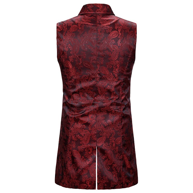 Wijn Rood Paisley Jacquard Mouwloze Lange Vest Mannen Double Breasted Revers Brocade Vest Mens Gothic Steampunk Tailcoat