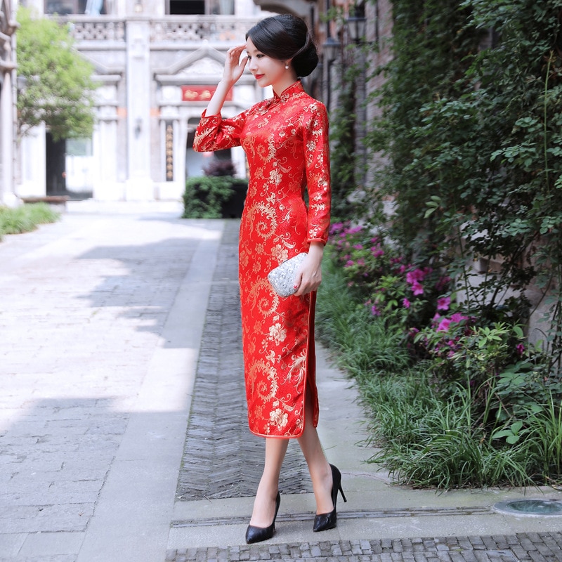 Women Long Cheongsam Slim Vintage 3/4 Sleeve Dress Tang Suit Long Dresses Wedding Evening Dress