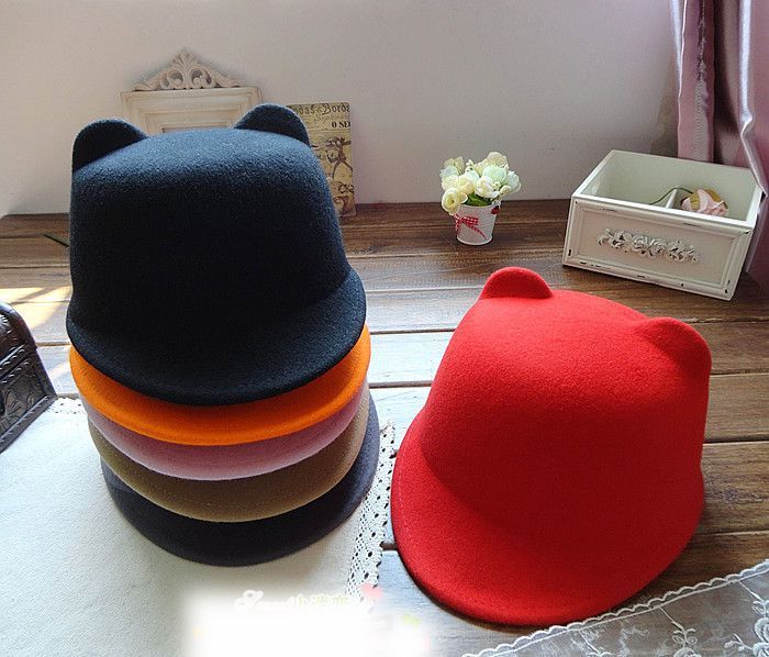 Gorro LUCKYLIANJI de lana de 100% de para primavera y otoño e invierno, sombrero de demonio para mujer, sombrero con orejas de gato, Bowler, gorro de Halloween (talla única: 57cm)