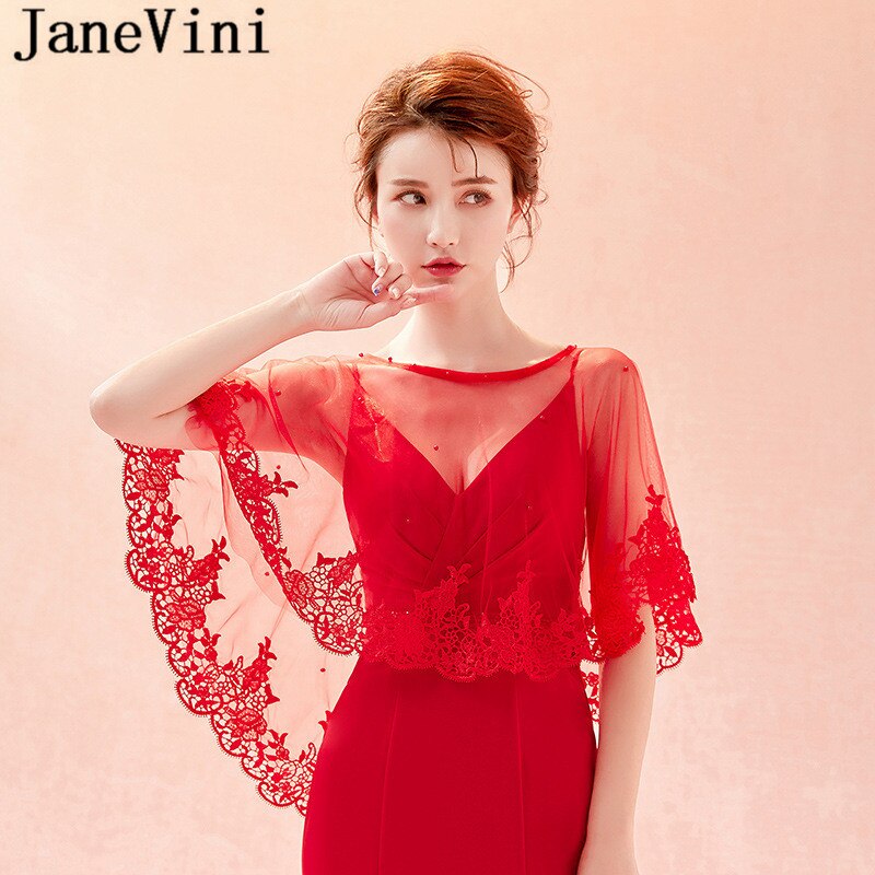 JaneVini Summer Red Lace Bridal Wraps Shawl Bolero Women Coprispalle Tulle Wedding Shawl Boleros Beaded Party Jackets