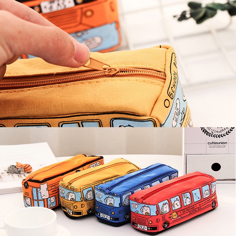 Large Canvas Pencil Case Popular School Bus Zipper Pencil Box For Stationery Organizer School Supplies Durable Pen Bag For Kids