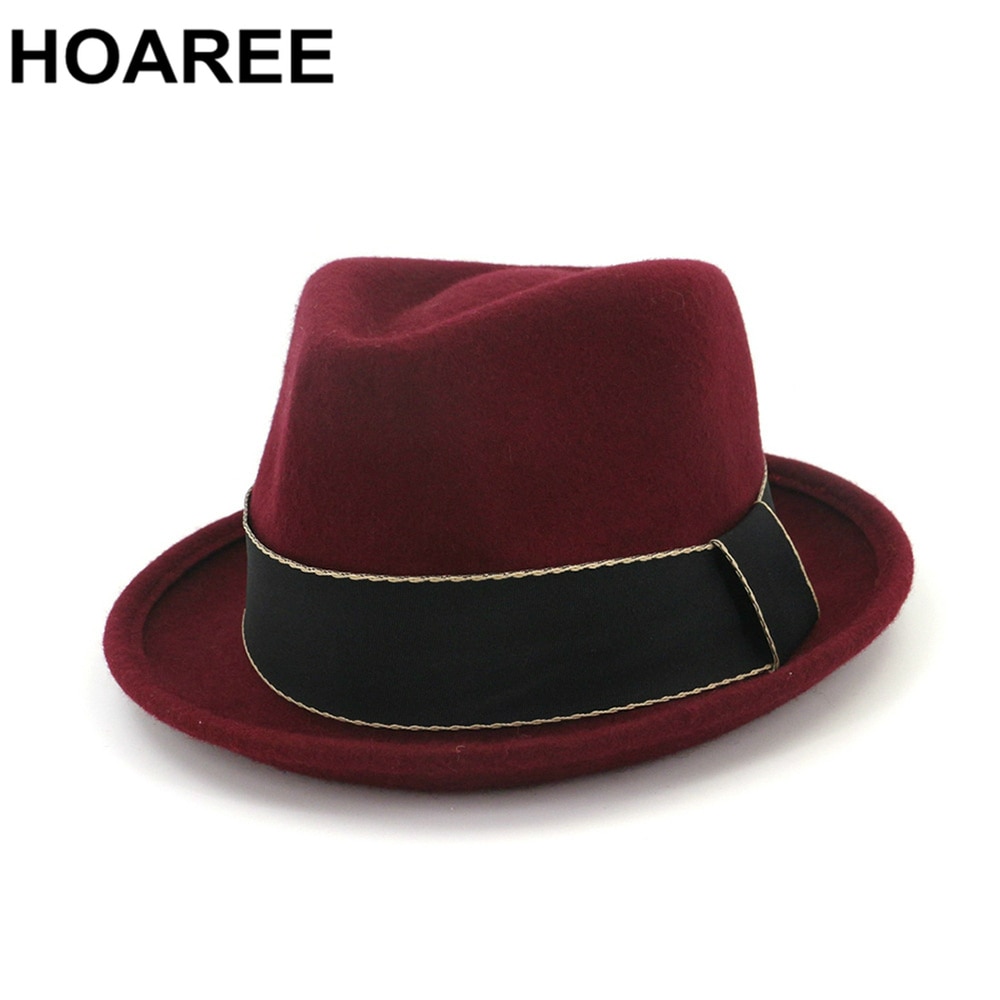 Hoaree vintage pork pie hoeden wollen fedora's vrouwen bordeauxrode trilby hoed dames retro jazz pet dames herfst winter vilten hoed