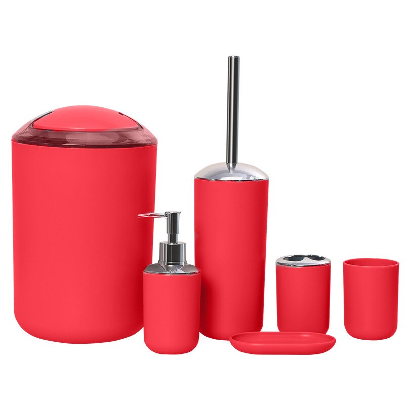 6 stk badeværelse tilbehør sæt tandbørsteholder kop sæbe dispenser fad toilet børste skraldespand plast tumbler kop vaskerum værktøj: Rød