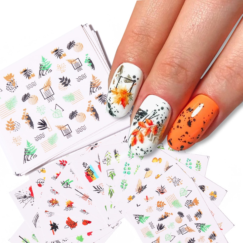 19Styles Simple Green Leaves Flowers Water Decals Spring Summer Theme Floral Maple Leaf Sliders Paper Line Watermarks Decoration