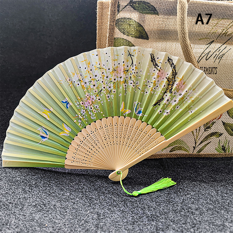 Chinese Japanese Pattern Vintage Flower Butterfly Silk cloth Folding Fan Art Craft Home Decor Ornament Dance Hand Fan Fan: Dark Khaki