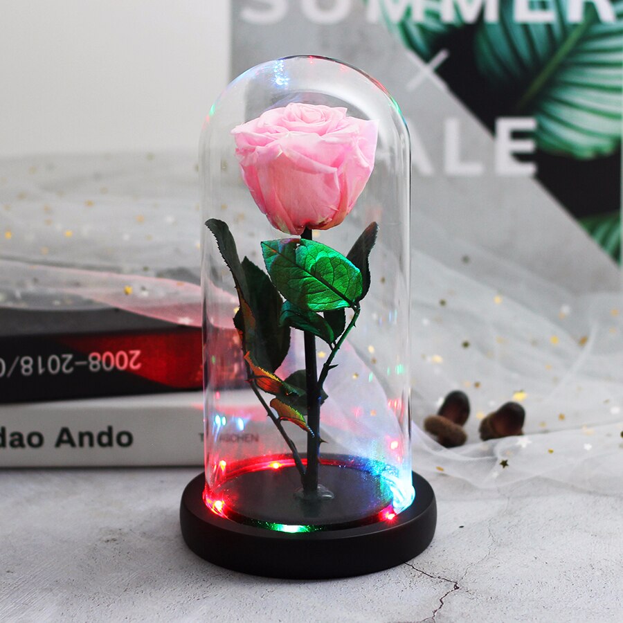 Skønheden og udyret evig rød rose i en glaskuppel med led lys sort base til valentins mors dag: En lyserød