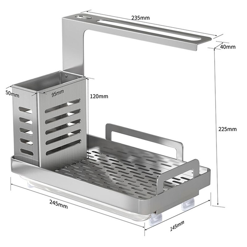 Porte-éponge en acier inoxydable, support de brosse à savon, évier de cuisine, caddie organisateur avec bac de vidange, support de séchage de cuisine Premium: Silver