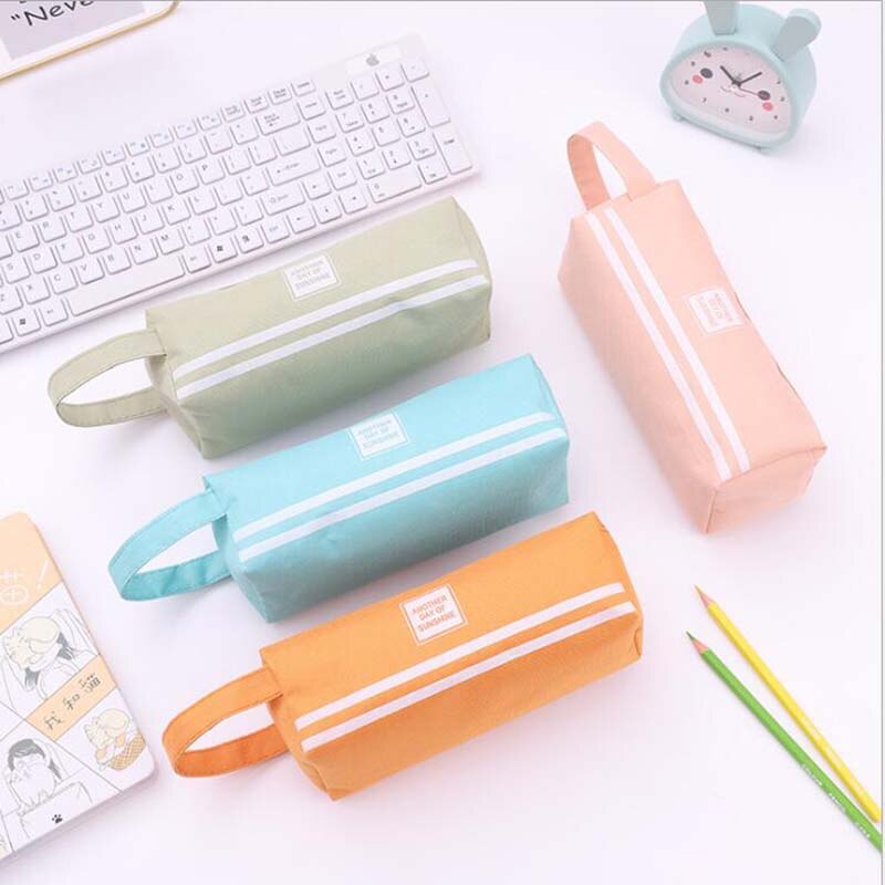 1Pcs Square Pencil Box Pencil Case Large Capacity Double Layer Students Solid Fabric Pen Bag