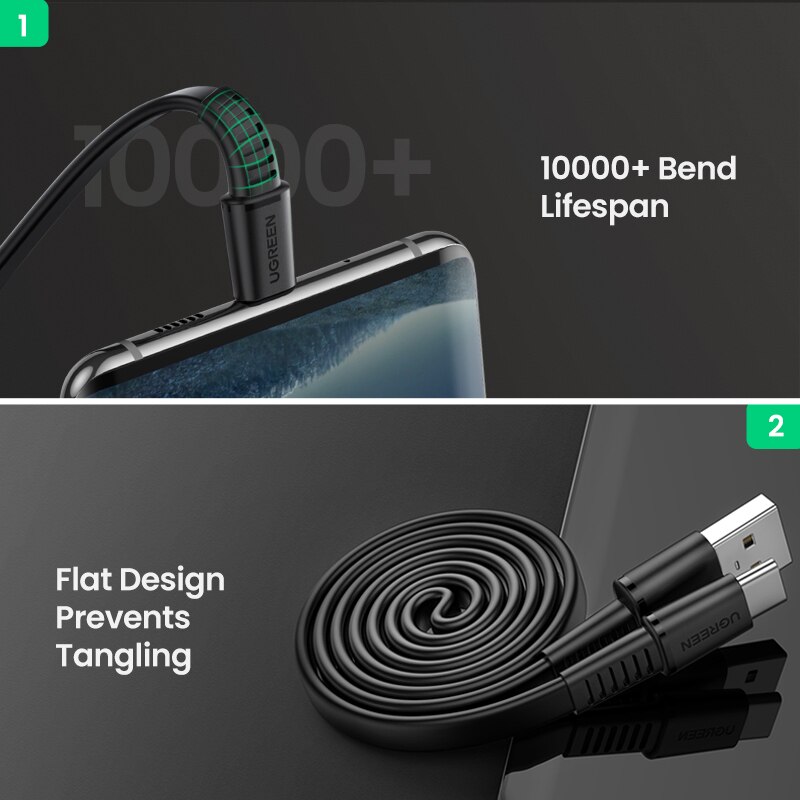 Ugreen USB C Charger Cable 3A Flat USB Type C to USB A Fast Charging Data Cable for Samsung Galaxy S10 Note 9 Quick Charge USB-C