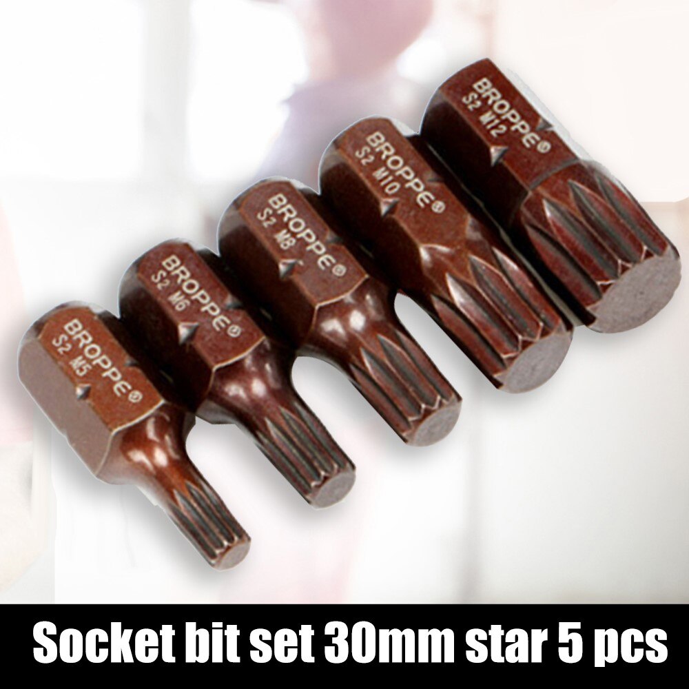 5pcs/Set Screwdriver Bit 30mm Star Head M5 M6 M8 M10 M12 10mm Hex Shank S2 Alloy Steel Magnetic 12 Point Spline Screw Driver Bit