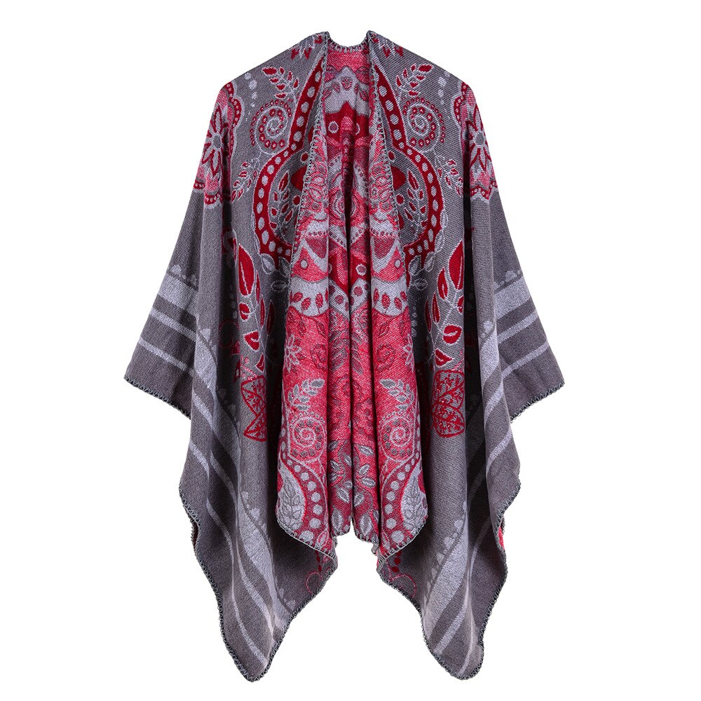 Dubbelsidig kashmir vinterponcho ena sidan rutiga tjockare sjalar och sveper in den andra sidan solid damkofta pashmina: Grå