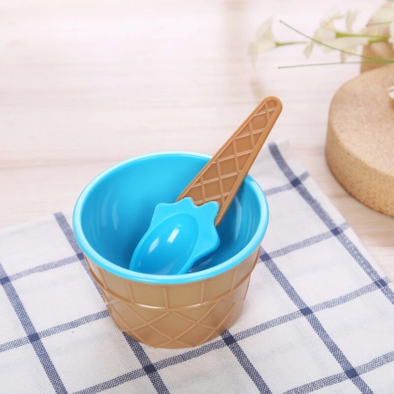 1 Pcs Lovely Kids Ice Cream Bowls With Spoon Reusable For Kids Boys Girls Cute Ice Cream Dessert Tool Set: blue